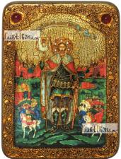 Александр Невский, князь, ростовой, большая подарочная икона, с камнями, на дубе Александр Невский, благоверный князь (ростовой), аналойная икона подарочная