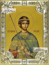 Димитрий Солунский, икона в посеребренной рамке, большая Димитрий Солунский, икона в посеребренной ризе 18х24см