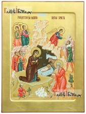 Рождество Христово, рукописная икона, ковчег, сусальное золото Писаная икона праздника Рождества Христова, артикул 411