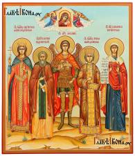 Семейная икона с пятью святыми: Екатерина, Сергий, Михаил, Ирина, Василисса Семейная рукописная икона с 5-тью святыми, с Казанской и ангелами