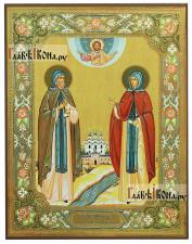 Петр и Феврония (монашеские), в рамке, икона печатная на доске Петр и Феврония (монашеские), печатная икона с узором