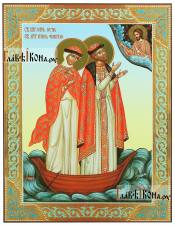 Петр и Феврония (в лодке), в рамке, икона печатная на доске Петр и Феврония (в лодке), печатная икона с узором