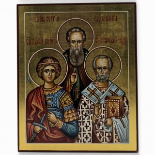 Сергий Радонежский, Николай Чудотворец, Георгий Победоносец, рукописная икона